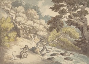 Landscape with rushing stream and a couple on the bank, frightened by a snake by Thomas Rowlandson
