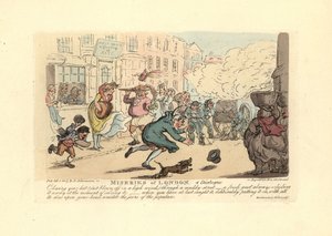 Man chasing his hat down a muddy street in a high wind by Thomas Rowlandson