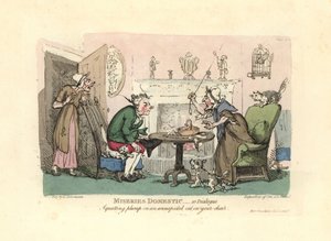 Man sitting down on a startled cat in his chair by Thomas Rowlandson