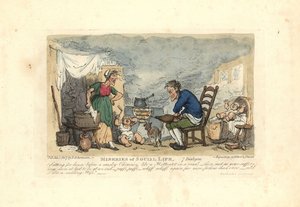 Man using bellows in front of a fire in a smoky room by Thomas Rowlandson