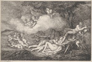 Mars and Sleeping Venus with Putti by Thomas Rowlandson