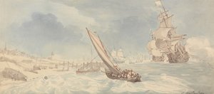 Men-of-War and Sailing Boats Near a Shore by Thomas Rowlandson