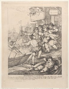 Miseries of London: Entering upon any of the bridges of London or any of the passages leading to the Thames being assailed by a group of watermen holding up their hands and bawling out. Oars Sculls. Sculls. Oars. Oars. by Thomas Rowlandson