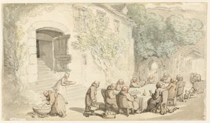 Monks Dining Outside (front); Village Street (back) by Thomas Rowlandson
