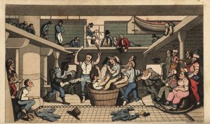 Naval Rite of Passage: Crossing the Line. Johnny is Dunked in a Bath of Bilge Water when he First Crosses the Equator. Sailors are Dressed as Sea Gods Neptune, Amphitrite and Triton. Handcoloured Copperplate Engraving by W. Read after an Illustration by Th