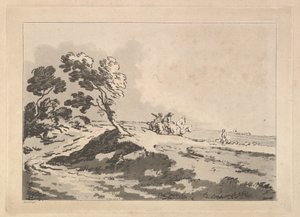 Open Landscape with Three Horsemen in the Middle Distance Heading to the Right by Thomas Rowlandson
