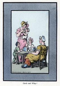 Sitting woman selling quail milk and milk to a mother and children. Wood engraving, based on a painting by Thomas Rowlandson