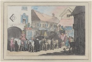 Stage Coach and Riders in the Yard of an Inn, Preparing to Depart by Thomas Rowlandson