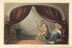 The Warm Bath: naked woman taking a bath behind curtains in a Regency room by Thomas Rowlandson