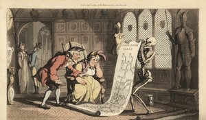 Death with His Hourglass Shows a Genealogical Table to Two Elderly Genealogists by Thomas Rowlandson