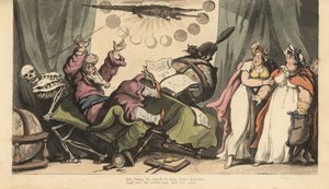 The Skeleton of Death Comes for the Fortune Teller in His Room Decorated with Planetary Globes, Astrology Books, and Crocodile. Two Lady Clients Watch in Terror. Handcoloured Copperplate Drawn and Engraved by Thomas Rowlandson from The English Dance of Dea