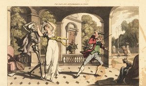 The skeleton of Death in a cape dances a final waltz with fragile Caelia, as her dance tutor looks aghast by Thomas Rowlandson