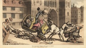 The Skeleton of Death in Cloak and Cap Drives a Two-Horse Carriage as it Crashes into Roadworks Killing His Passenger, a Court Officer by Thomas Rowlandson
