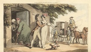 The skeleton of Death leads an old man into a mausoleum, leaving his young widow free to remarry by Thomas Rowlandson