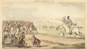The skeleton of Death rides with a man toward the betting post on a racetrack, while children play a game of lotto