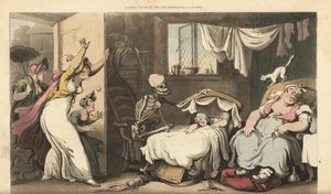 The skeleton of Death rocks the cradle of a baby while the nanny sleeps and the distraught mother arrives home by Thomas Rowlandson