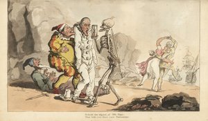 The Skeleton of Death with Hourglass and Dart Comes for a Pierrot and Other Clowns, While a Harlequin Dances with a Woman on a Beach (Handcoloured Copperplate by Thomas Rowlandson) by Thomas Rowlandson