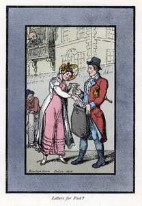 Woman paying and putting a letter in a bag carried by a British Royal Post Office employee. Wood engraving, based on a painting by Thomas Rowlandson (1756-1827)