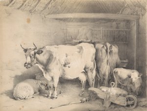 Sheep and Cattle in a Barn by Thomas Sidney Cooper