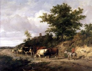 Wooded Landscape with a Boy on a Donkey and Cattle at a Ford by Thomas Sidney Cooper