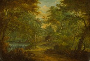 A Wooded Landscape with a Stream and a Fisherman by Thomas Smith of Derby