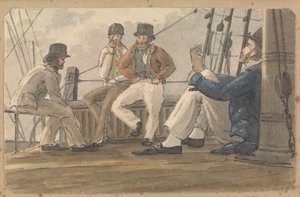 Four Sailors Relaxing on Deck, One Reading