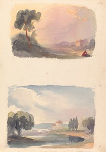Two Drawings on One Sheet: Landscape with Mountains in Distance and Seated Figures in Foreground (no. 1); Landscape with River and Building, Mountains in Distance (no. 2) by Thomas Sully