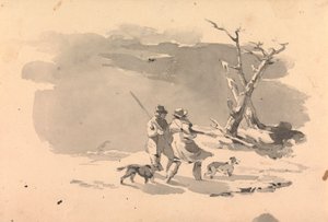 Two Hunters and Two Dogs in Winter Scene by Thomas Sully