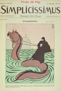 Kaiser rides the Sea Snake to England, cover Illustration from Simplicissimus by Thomas Theodor Heine