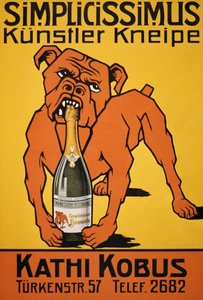 Vintage Poster of Bulldog Biting Champagne Bottle