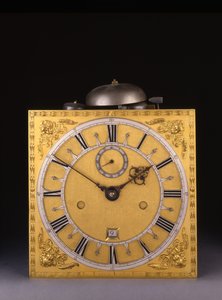 (detail) of a Charles II Roman striking month-going longcase clock, 1675