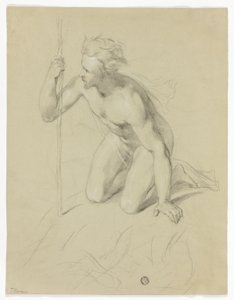 Nude Man Kneeling, Holding Staff; Alpine Panorama by Thomas Uwins