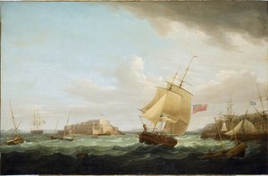 A merchant ship and other vessels off Cornet Castle in Guernsey, England