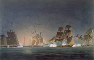 HMS Rinaldo engaging four French Privateers, engraved by J. Bailey for 