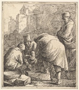 Man Adjusting His Footwear, Three Men Playing Cards