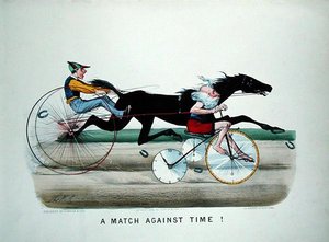 A Match Against Time, race between a horse and father Time on a bicycle