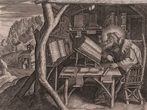Saint Evagrius Ponticus immersed in his studies (etching and burin by Thomas de Lieu) by Thomas de Leu