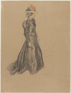 Standing Lady in Black Outfit with Train and a Colored Straw Hat with Summer Flowers