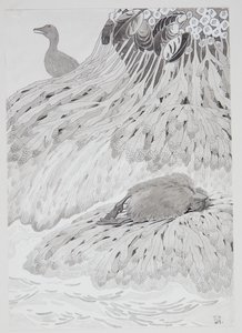 A Eider Duck and a Dead Bird on a Shore by Thorolf Holmboe