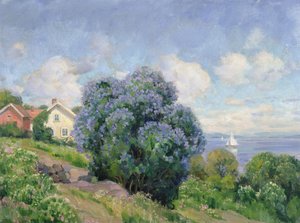 Summer landscape with lilac bush, house and sailing boat
