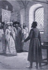 Boris Godunov in retirement at the monastery entreated to accept his election as Czar, illustration from Landmarks in European History published by Gresham Publishing Co, c.1920 by Thure de Thulstrup