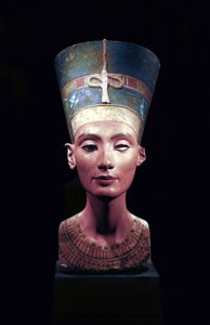 Bust of Nefertiti (c1370- c1330 BC) Great Royal Wife (chief consort) to the Egyptian Pharaoh Akhenaten. Nefertiti and her husband were known for a religious revolution. They started to worship one god only, Aten, the sun
