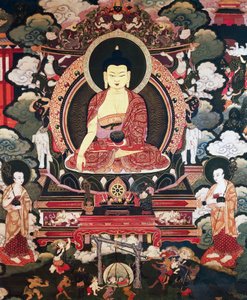 Buddha seated between his two great disciples Cariputra and Maudgalyayana, scenes from the Life of Buddha Sakyamuni, Tibetan civilization by Tibetan School
