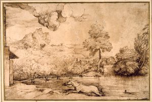 Landscape: a riderless horse pursued by a serpent by Titian (c.1488 1576)