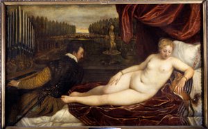 The concert. A nude woman lies near a man playing the organ