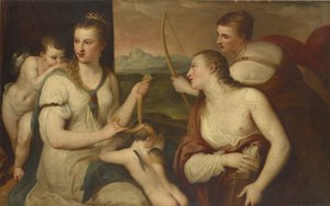 Cupid Blindfolded by Venus by Tiziano Vecelli