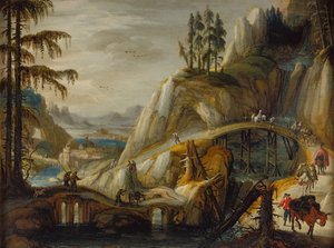 Travellers in an Alpine Landscape by Tobias Verhaecht