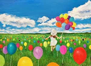 Joyful Girl Balloon Field by Tom Blood