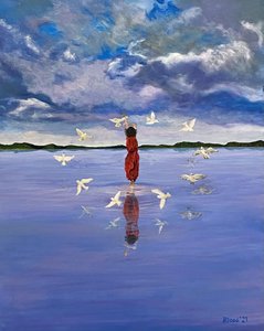 Woman and Flying Birds by Tom Blood
