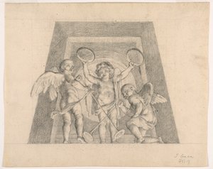 Three Putti with Tambourines and Trumpets, Design for Lunette of the Sala delle Muse, Museo Pio-Clementino, Vatican by Tommaso Maria Conca